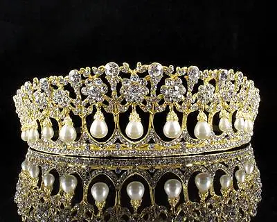 $15.99 • Buy Princess Pearl Austrian Crystal Rhinestone Hair Tiara Crown Wedding T11895g Gold