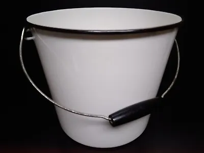 Vintage White Porcelain Enamel Milk Bucket With Black Wooden Handle 9.5 H ×11 W • $35