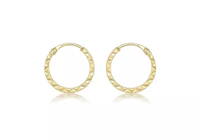 9CT Yellow Gold Textured Diamond Cut Hoop 10mm Earrings • £29.99