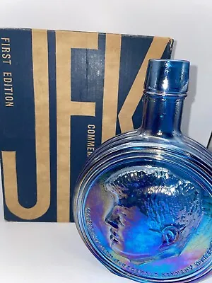 John F Kennedy Iridescent Blue Carnival Glass Decanter Bottle First Edition 8  • $28.99