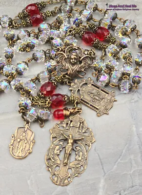 Lourdes Sacred Heart Angels Swarovski Crystal Red Amber Vintage Bronze Rosary • $229