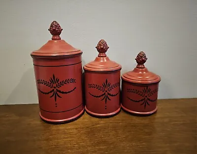 3 Retro Red Metal Kitchen Canisters • $30