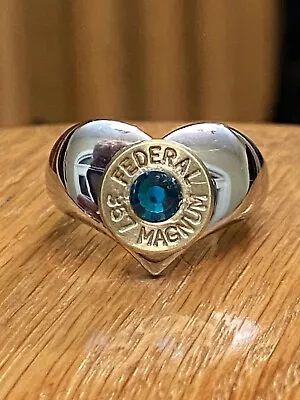 Federal 357 Magnum Brass Bullet Casing Steel Heart Ring Sz  8 With Teal Crystal • $19.99