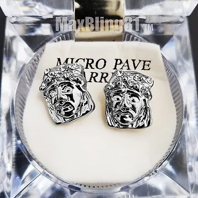 Men Iced Silver Plated Hip Hop Cz Jesus Face Micro Pave Bling Fashion Earrings • $13.99