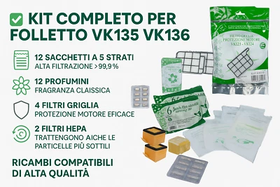 Kit Ricambi Folletto VK135 VK136 - 12 Sacchetti, 12 Profumi, 4 Filtri F24, Non Originali Ma Compatibili - Foto 3