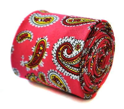 Frederick Thomas Designer Linen Mens Tie - Bright Hot Pink - Yellow Paisley • £15.99