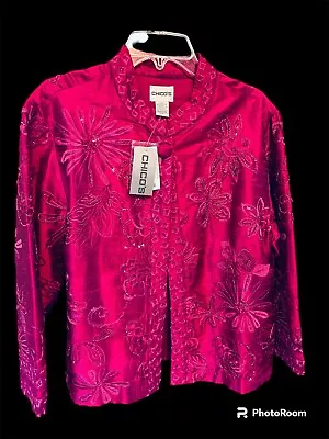 CHICO’S NWT Fuschia Beaded Embroidered Jacket Size 1 ( Medium) • $19