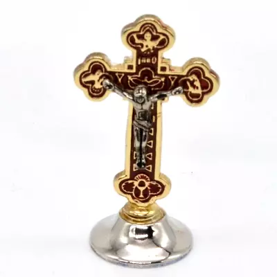 Standing Crucifix Cross Silver Tone Stand Gold Tone Trim Red Enamel Vintage Q125 • $13.43