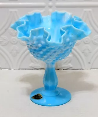 Fenton Compote Blue & White Swirl Hobnail Slag Glass Ruffled Edge W/Sticker 6  • $20