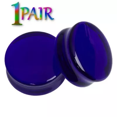 Pair 8g-1  BLUE SAPPHIRE GLASS PLUGS Double Flare Gauges Organic Tunnels 1452 • $9.95