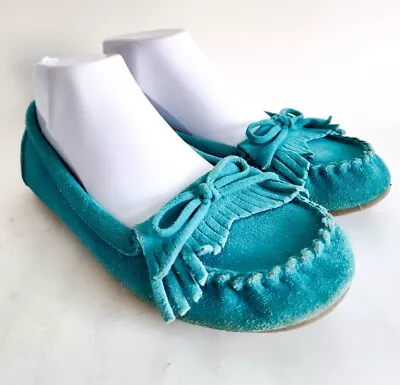 Minnetonka Kilty Teal Blue Suede Moccasins Flats Women's Size 7 Hard Bottom EUC • $24.99