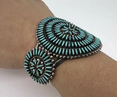 Vintage 925 Sterling Silver Navajo Cuff Bracelet Turquoise Needle Point Bangle • $202.50