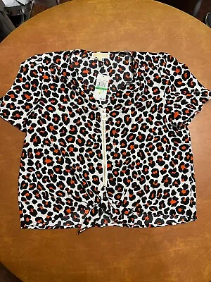 NWT Michael Kors Womens Size L Short Sleeve Leopard Print Zip Cheetah Top Blouse • $19