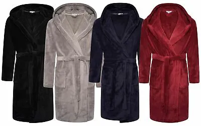 Mens Hooded Dressing Gown Luxury Soft Coral Fleece Hooded Wrap Robe Nightwear • £19.99