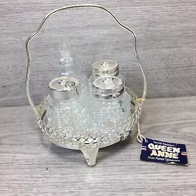 Vintage Queen Anne Silver Plated Glass Cruet Condiment Set Salt Pepper Retro 70s • £8.89