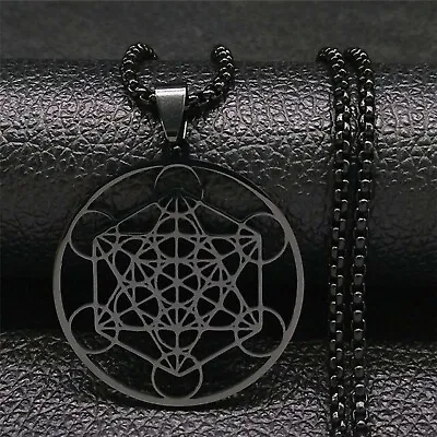 $18.99 • Buy Metatrons Cube Necklace Black Stainless Steel Sacred Geometry Amulet Pendant