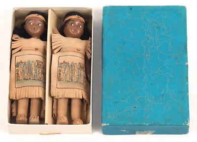 $64.99 • Buy Vintage 1950s Ceramic Bisque Doll Set NATIVE AMERICAN INDIAN Totem Leather Beads