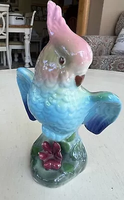 Vintage Ceramic Parrot Cockatoo Figurine Royal Copley Blue & Pink MCM • $22.50