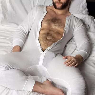 Men's V Neck Top Leotard Bodysuit Stretch Nightwear Jumpsuit Playsuit Long Johns • £21.99