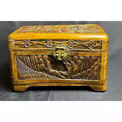 Old Vintage Chinese Carved Camphor Timber Wooden Chest Jewelry Vanity Tea Box • £76.62