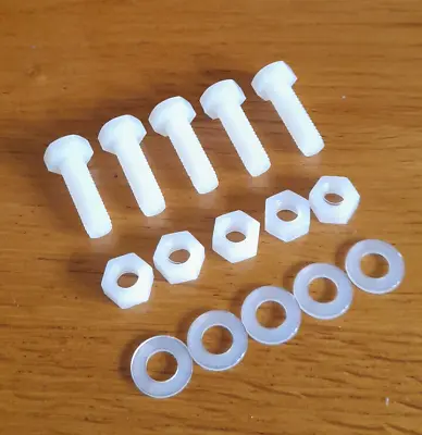 5mm X 16mm Long Nylon Plastic Hexagon Screws M5 Nuts + Washers New Pack X 5 • £2.99