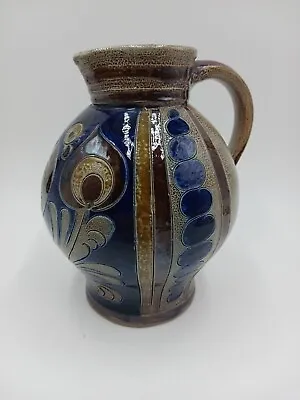 Vintage Handarbeit Salt Glazed Pottery Pitcher Blue With Bird Rooster  • $28