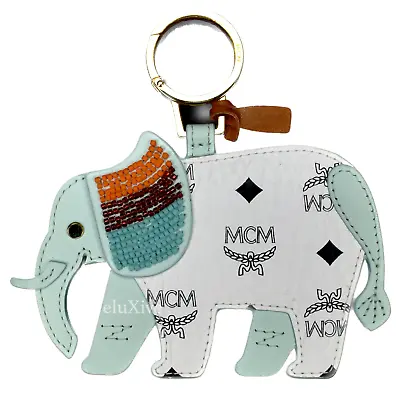 NWT $225 MCM Blue White Monogram Logo Beaded Elephant Charm Keychain AUTHENTIC • $119