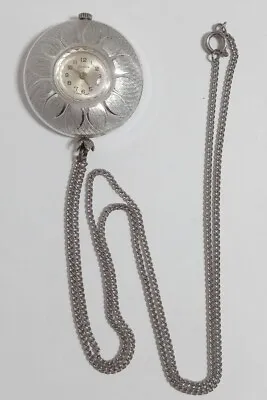 Vintage Endura Swiss Watch Pendant 24  Chain Silver Tone Etched Manual Wind • $23