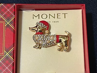 Monet Dachshund Weiner Dog Brooch Gold Tone Rhinestones & Faux Pearls NIB • $30