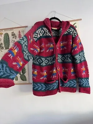 £145 • Buy VINTAGE PACHAMAMA HAND KNITTED MULTI & RED WOOL CARDIGAN SHACKET Birds