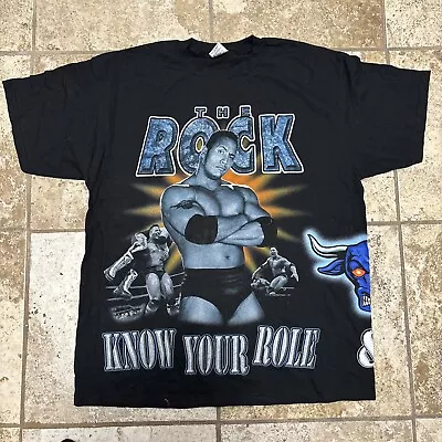 Vintage 90s WWF THE ROCK KNOW YOUR ROLE All Over Print T-Shirt XL WWE Wrestling • $34