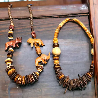 Vintage Wooden Bead Safari Necklace Set Hand Made Elephant Lion Rhino Africa • $24.99