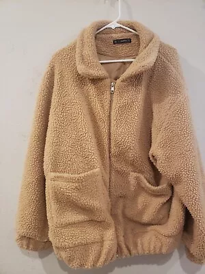 Zaful Women’s Beige Sherpa Coat Size L Zip Front Fleece Jacket • £25.06