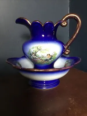 Vintage Victorian Style Blue & Gold Ceramic Wash Stand Jug & Bowl Set • £34.99
