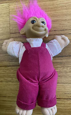 LARGE VINTAGE TROLL Plush & Plastic Doll Pink Hair Overalls Retro Toy • $26.10