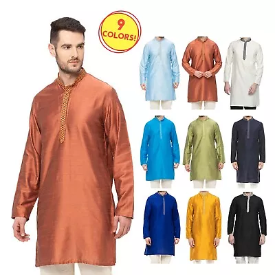 In-Sattva Men's Indian Embroidered Banded Collar And Placket Kurta Tunic • $35.99