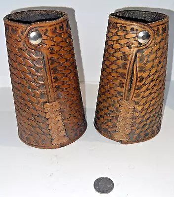 Antique Leather Cowboy 7  Wrist Cuffs  Gauntlets Hand Tooled Basketweave Pattern • $200