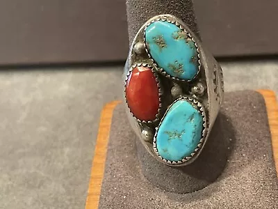 Stunning Old Pawn Sterling Silver Turquoise And Coral Ring In Size 10.5--574.24 • $149.99