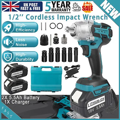 2X 5.5Ah Battery 1/2  Cordless Electric Impact Wrench Drill Gun Ratchet Driver • £51.99