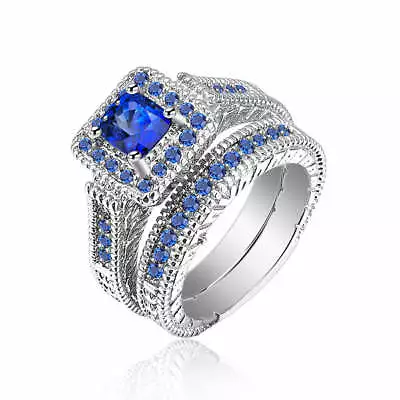 Gold Plated Silver Created Sapphire Blue Element Zirconia Antique Ring Set • $34.95