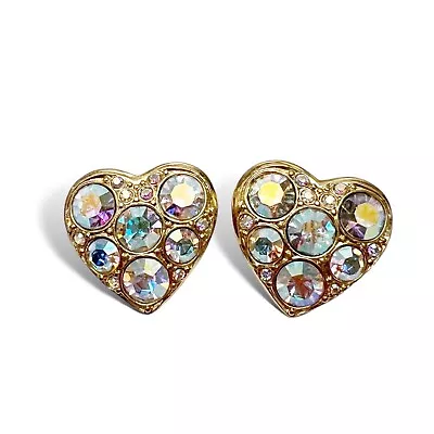 Vintage Kirks Folly Heart Aurora Borealis AB Crystal Goldtone Clip On Earrings • $34.99