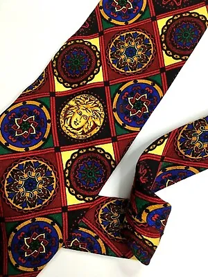 GIANNI VERSACE VINTAGE '90s BAROQUE MEDUSA EMBLEM TIE CREST ROSE WINDOW RED • $66.04