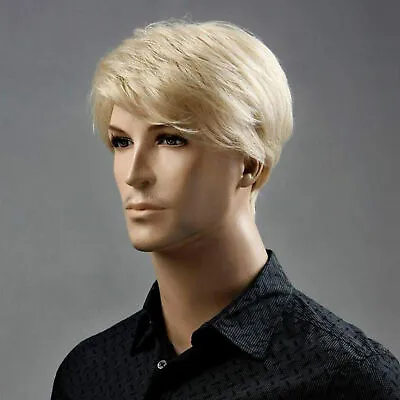 Men's Yellow Gold Straight Wig Medium-Length Synthetic Hair Blonde Natural Style • $16.19