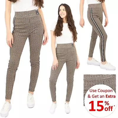 M&S Leggings Womens Brown Check Pattern Stretch Side Stripe Trouser Work Casual • £20