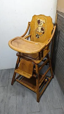 Vintage Wood Convertible Folding Baby High Chair Play Activity Desk Stroller • $360
