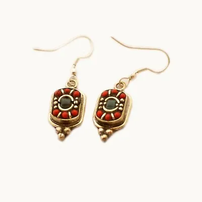 Turquoise Coral Earrings Silver Plated Tibetan Nepalese Handmade Bohemian ER72 • $7.99