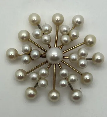 Vintage Mikimoto 14K Yellow Gold 31 Akoya Pearls Starburst Brooch 4.5 -7.5 MM C6 • $552.95