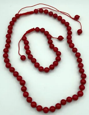 Natural Red Coral Gemstone Round Beaded Adjustable Necklace And Bracelet Set • $31.99