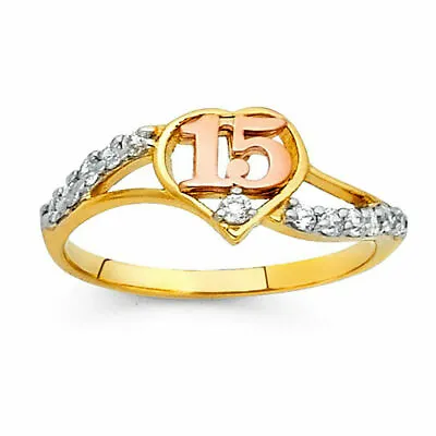 Small Heart Sweet 15 Años Quinceañera CZ 14k 3 Tone Gold Ring Oro Corazon Anillo • $211.98