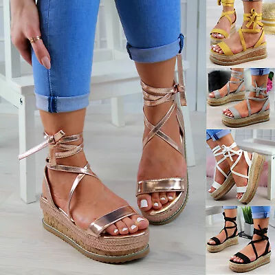 £5 • Buy New Womens Platform Sandals Espadrille Ankle Tie Up Comfy Summer Shoes Sizes 3-8